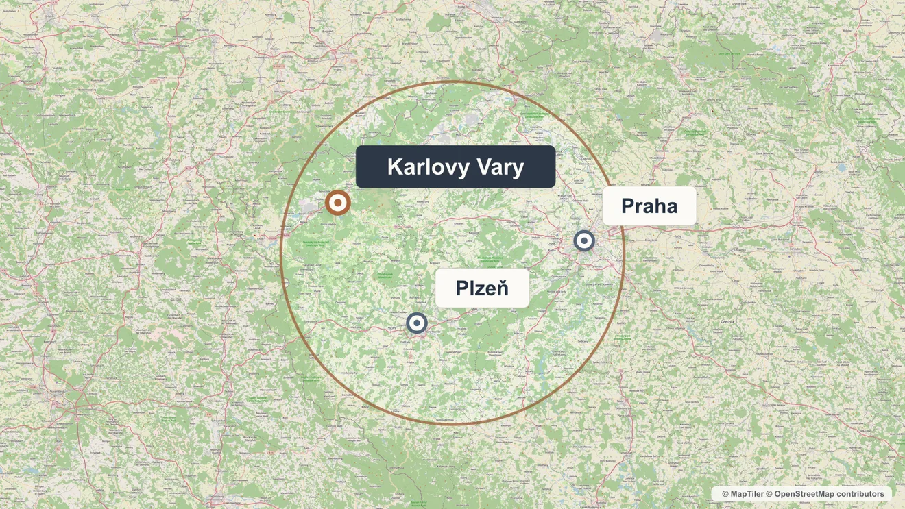 Mapa působnosti mezi Karlovými Vary, Prahou a Plzní: Karlovy Vary a Karlovarský kraj